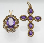 A 9ct gold cross pendant, set with amethysts, and a 9ct amethyst pendant, overall gold weight 8.3g.