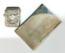 An early 20th century silver vesta case, hallmarked Birmingham 1900, together with a silver card