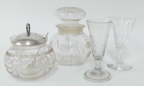 Two 19th century wine glasses, together with a cut glass pickle jar and an engraved pickle jar