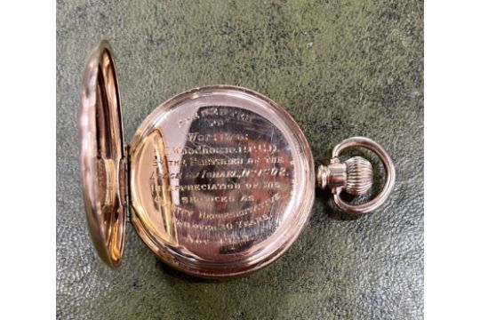 A gold plated Waltham full hunter pocket watch, the white dial with roman numerals and a sub - Image 2 of 3