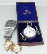 A ladies silver pocket watch with foliate engraved design, together with a rolled gold bracelet