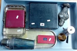A quantity of silver plated items, to include a chocolate pot, spoons, trays, cocktail flask,