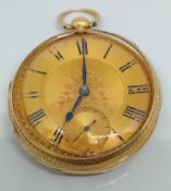 A Victorian 18ct gold pocket watch, with gold roman dial with foliate engraved imagery, glass