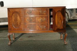 1920's -30's Mahogany bow fronted sideboard with ball and claw feet. 152cm long x 59cm wide x 99cm