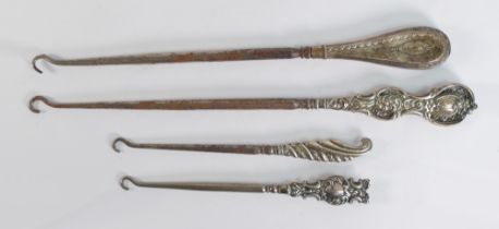 Four x unusual silver handled button hooks, in good overall used condition, all hallmarks