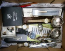 Job lot of several watches, plated & hallmarked silver cutlery, Parker pen and other items.