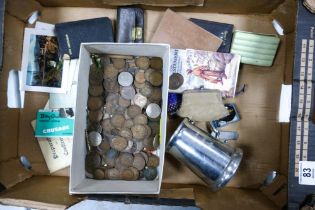 A mixed collection of items to include vintage coins, tankard, bibles, Burmese jewellery