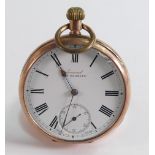 9ct gold gents pocket watch, outer cover marked 9ct, inner case base metal, glass missing, case