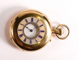 18ct gold ladies half hunter keyless fob watch, blue enamel dial, gross weight 50.2g.