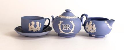 Wedgwood Blue Jasperware Royal Commemorative Milk Jug, Sugar Bowl & Cup / Saucer set(3)