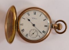 Gold plated full hunter top winding pocket watch, not working.