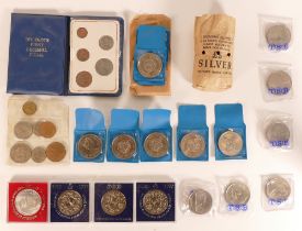 Large quantity of UK crowns, bank bag of old sixpences, uncirculated 1953 coins, and others. A