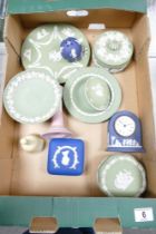 A collection of Multi Coloured Wedgwood Jasperware including Sage Green Plate, Lidded Boxes, Pink