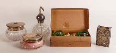 Collection of silver items - Large cut glass powder jar with sterling silver lid (monogrammed),