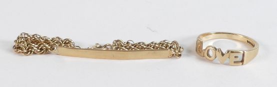 9ct gold small childs ID bracelet and 9ct gold Love ring, 4.6g.