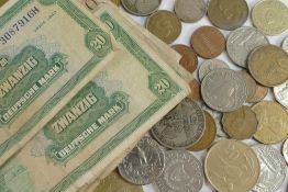 Large quantity of world banknotes together with some coins from 1960's onwards, includes Portugal,