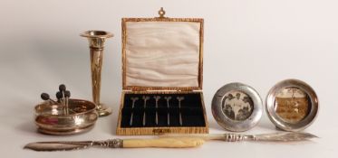 Collection of hallmarked silver items: Smaller size coaster, vase (a/f), two x silver photo