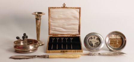 Collection of hallmarked silver items: Smaller size coaster, vase (a/f), two x silver photo