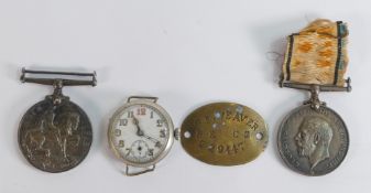 2 x WWI British war medals, dog tag and associated watch. 85397 A BMBR AW Weaver CFA (Canadian Field