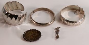 3 x hallmarked silver bangles, together with 2 silver brooches (1 not marked, but tested as silver),