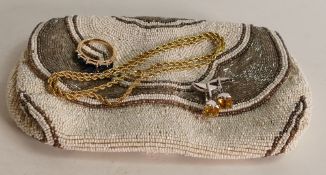 Vintage bead bag, together with gold plated neck chain & ring (marked 14k but not gold), plus silver