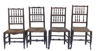 Group of four Lancashire rush seated Spindle back dining chairs (non matching) (4)