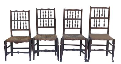 Group of four Lancashire rush seated Spindle back dining chairs (non matching) (4)