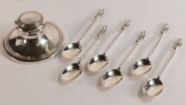 Silver inkwell together with 6 x hallmarked apostle spoons.