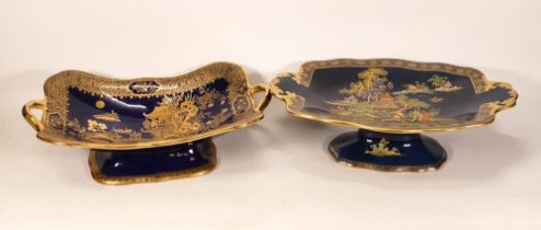 Royal Winton & Crown Devon Cobalt Blue Handled Bowls with Gilt Pagoda decoration. largest length