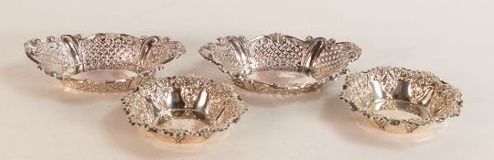 Pair Silver ornate pierced shaped dishes, hallmarked for Sheffield 1895, together with a smaller