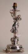 Silver plated lamp base depicting girl standing by tree, needs rewiring, 38cm high overall.