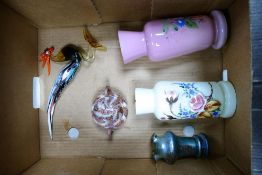 A mixed collection of Glass Ware to include Victorian Painted Glass vases, later Iridescent Glass