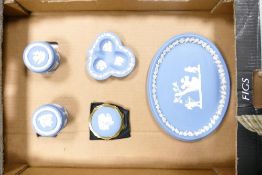 A collection of Wedgwood Jasperware items to include oval platter, two lidded pots, ashtray and