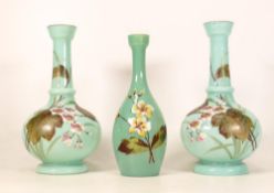 Three Victorian Painted Glass Vases with floral decoration, tallest 19cm(3)