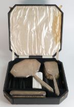 Cased Art Deco hallmarked silver backed mirror and 2 brushes set, all in good condition. Hallmarks