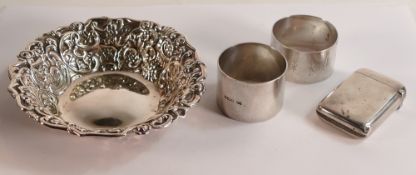 A collection of hallmarked Silver items including ornate dish, serviette ring etc 152.2g. (4)