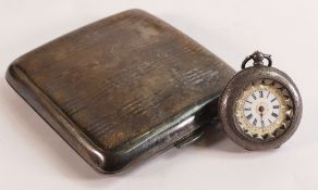 Silver hallmarked cigarette case (95g) and ladies silver fob watch (2)