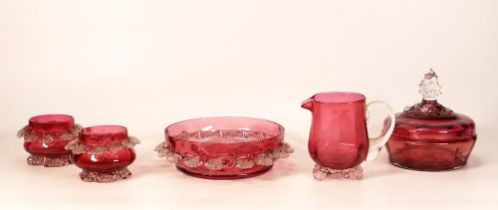 A collection of Victorian Cranberry Glass items including lidded pot, jug & pots height of tallest