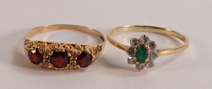 9ct hallmarked gold and garnet set ring size V, together with 9ct gold hallmarked white & green