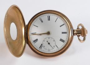 Gold plated half hunter top winding pocket watch, not working.