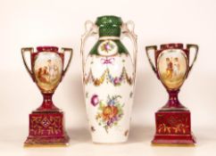 Three Continental Floral Decorated vases, tallest 25cm(3)