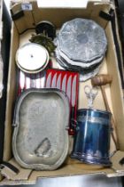 A mixed collection of items to include silver plated plate coaster, similar plate Wine Bottle Wine