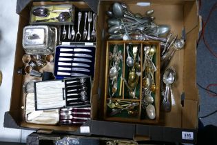 A mixed collection of vintage loose & boxed cutlery, silver plated & glass sardine dish, napkin