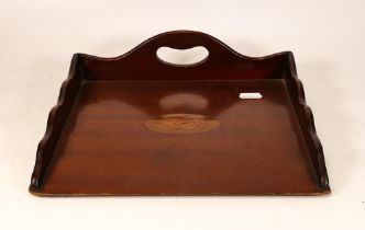 Inlaid Edwardian Mahogany Crumb Tray with shell decoration , width 26.5cm