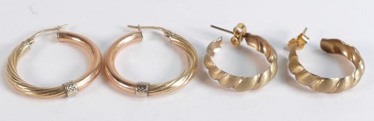 Pair 9ct gold two colour hoop earrings, 3.2g together with another pair 9ct gold earrings, 2.1g.