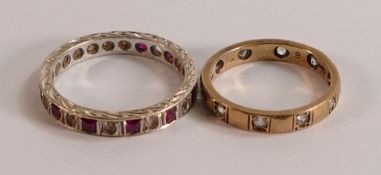 9ct white gold eternity ring, set with pink & white stones, ring size O/P, and a similar 9ct gold