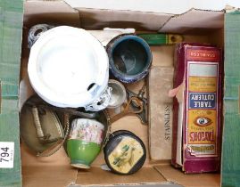 Interesting job lot including Scottish Mauchline type string box with advertising etc., cloisonne