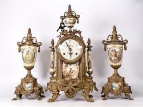 Franz Hermle Lancini, Late 20th Century Clock Garniture with Ceramic Panelling and flanking