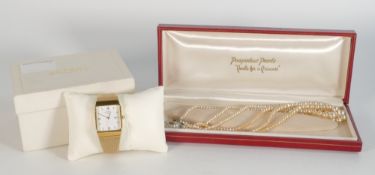 Rotary gold plated quartz wristwatch, boxed with paperwork (not working) and set of Pompadour Pearls