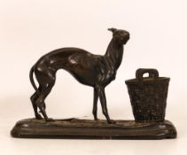 Continental patinated spelter Greyhound With Basket Vesta Stand, length 15cm